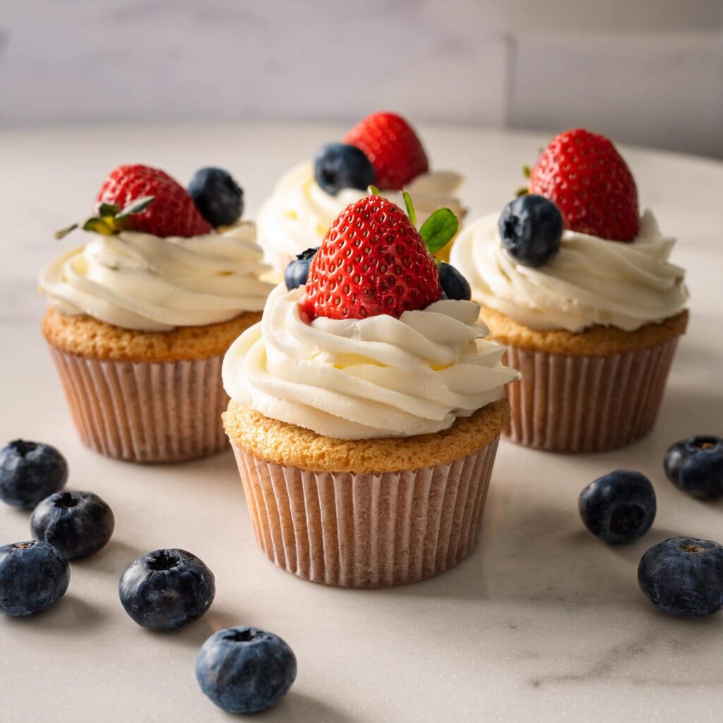 Cream dessert cupcakes topped with fresh strawberries and fruits on a marble surface.