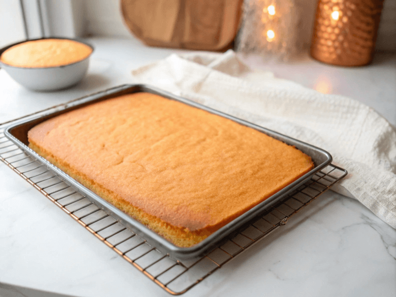 A freshly baked golden-yellow sheet cake in a rectangular pan on a cooling rack, with a smaller round cake in the background on a marble countertop.