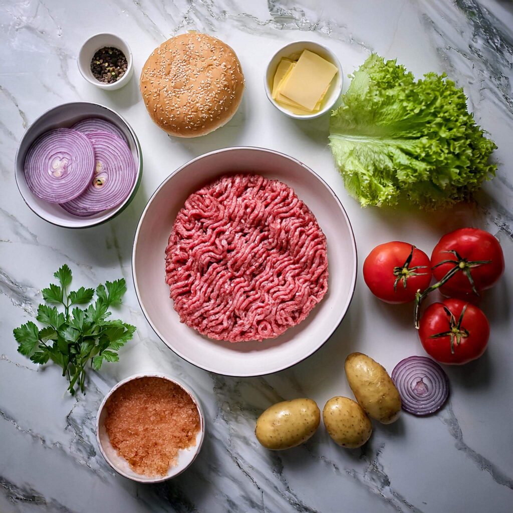 Fresh ingredients for minced meat sandwich and crispy fries on a marble countertop.