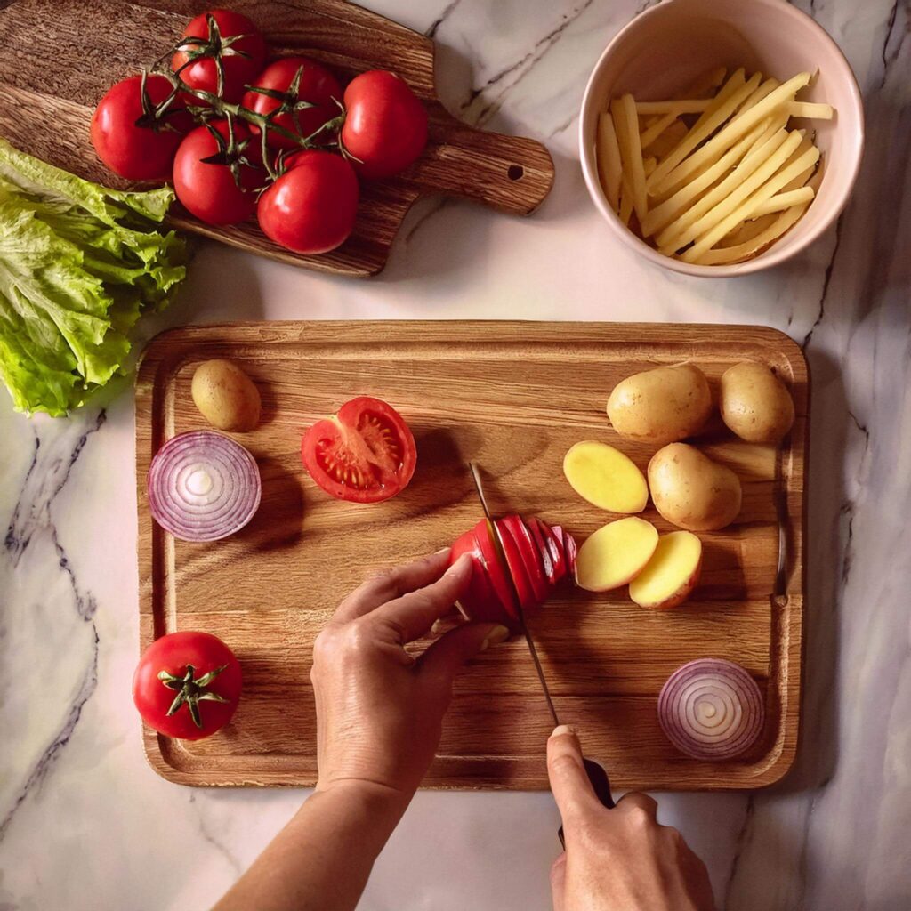 Sliced tomatoes, onions, lettuce, and cut potatoes on a cutting board.