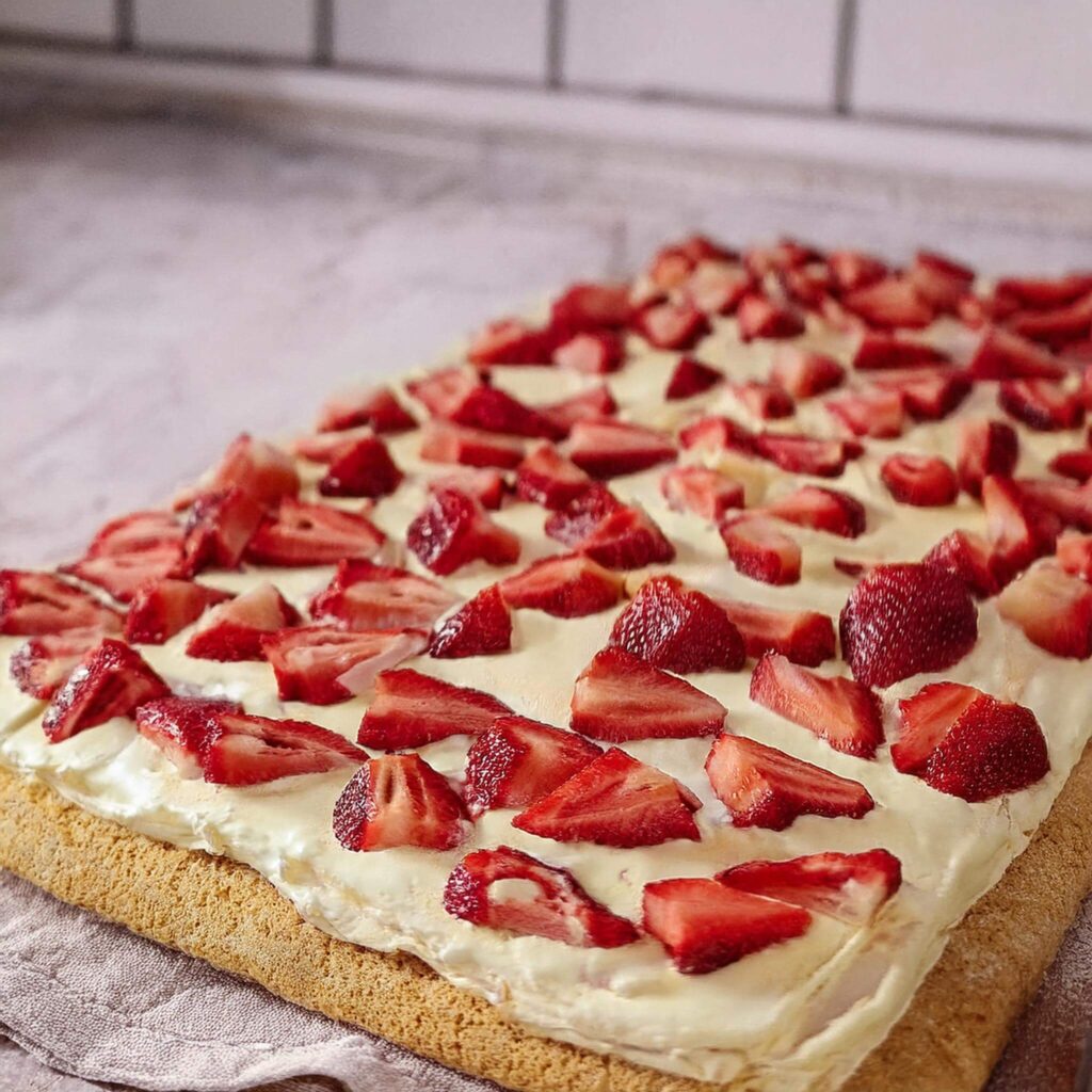 A close-up of a sponge cake topped with creamy white frosting and fresh, sliced strawberries.

