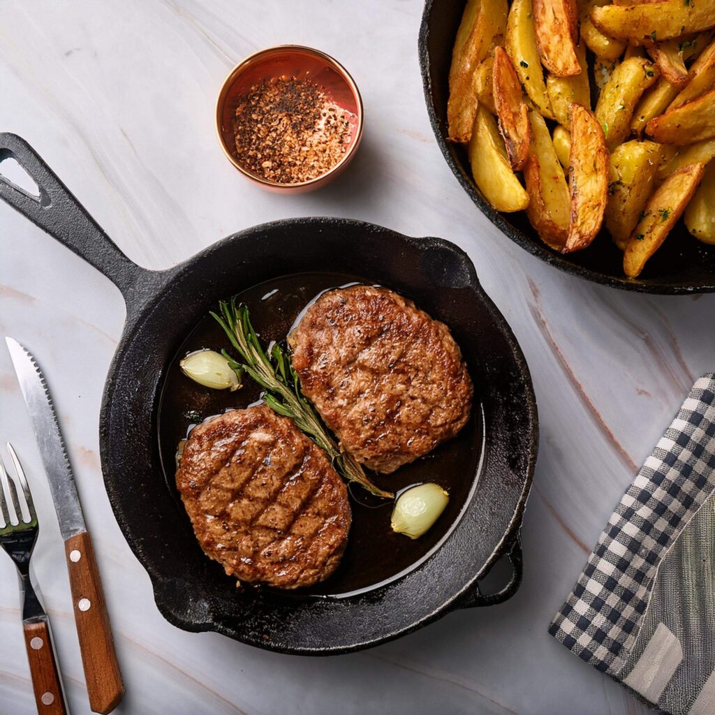 Minced meat cooking in a skillet and fries frying in a pan.