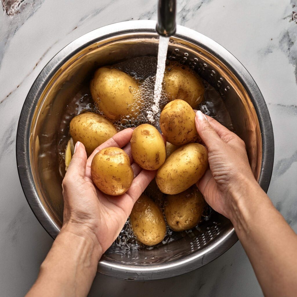  Hands washing Yukon Gold potatoes under running water in a kitchen sink.