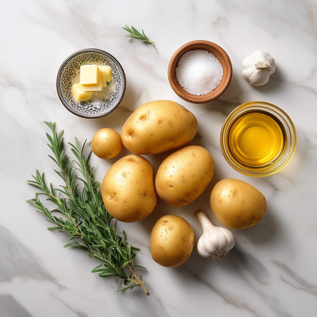 Fresh ingredients for grilled herb potato wedges on a white marble surface.