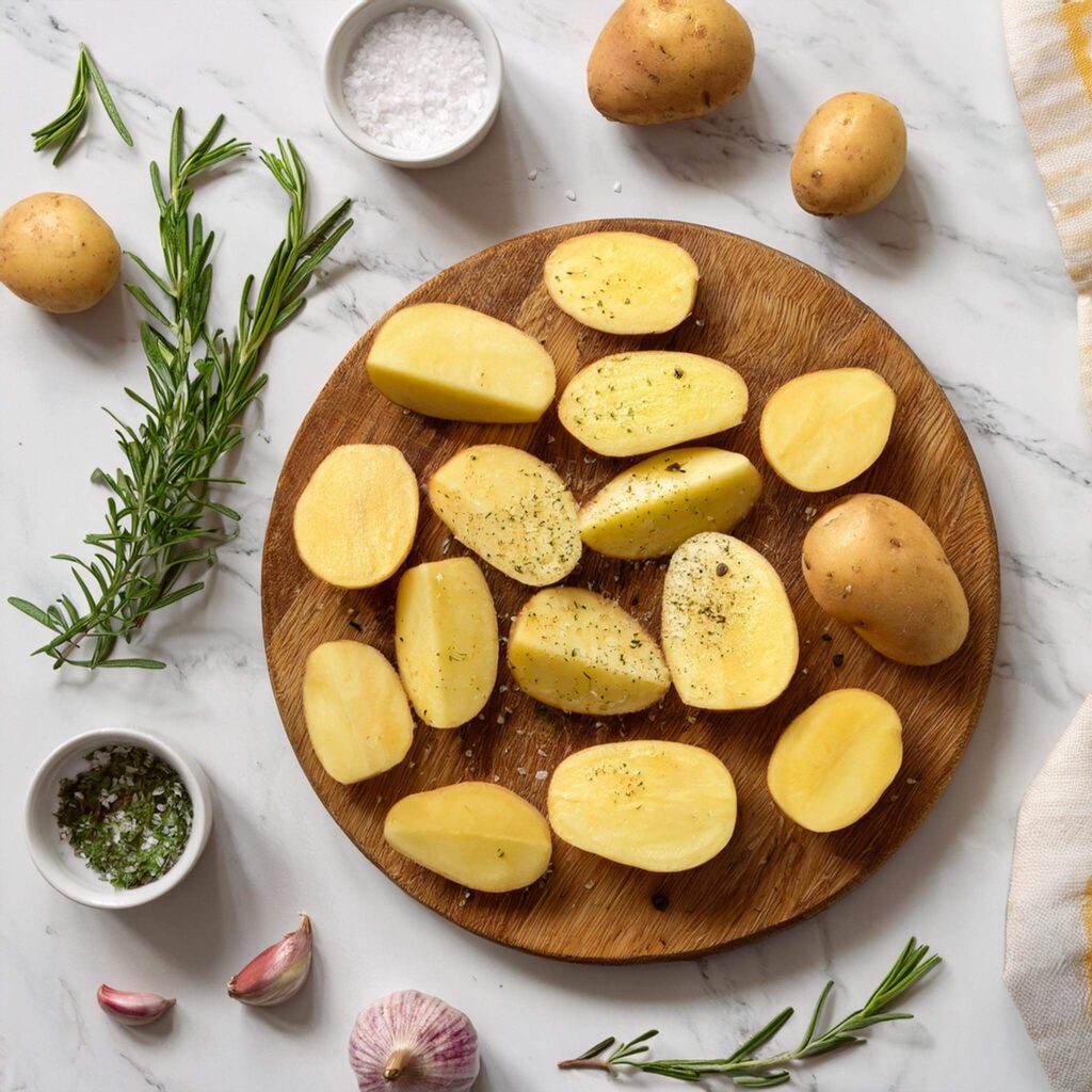 Sliced potato wedges being seasoned with herbs, garlic, and olive oil.