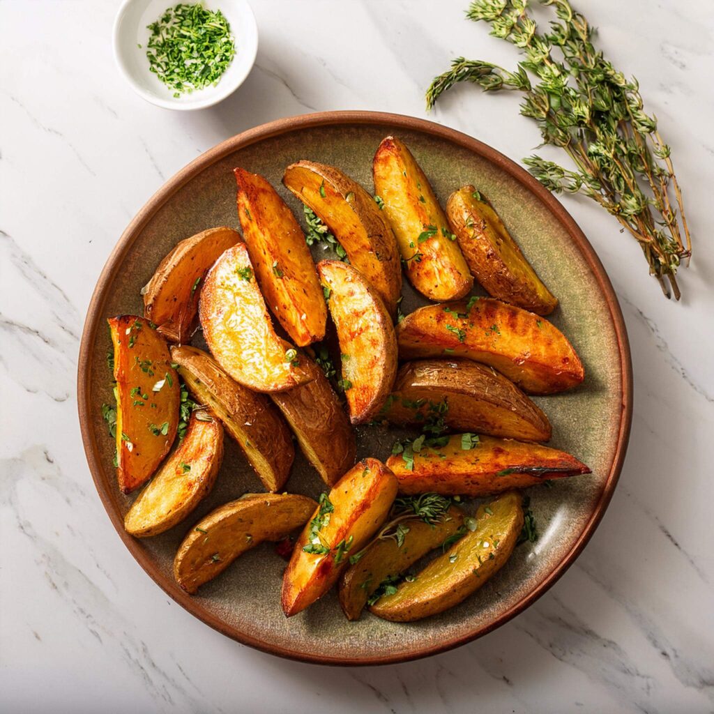 Golden-brown grilled herb potato wedges on a rustic plate with fresh herbs.