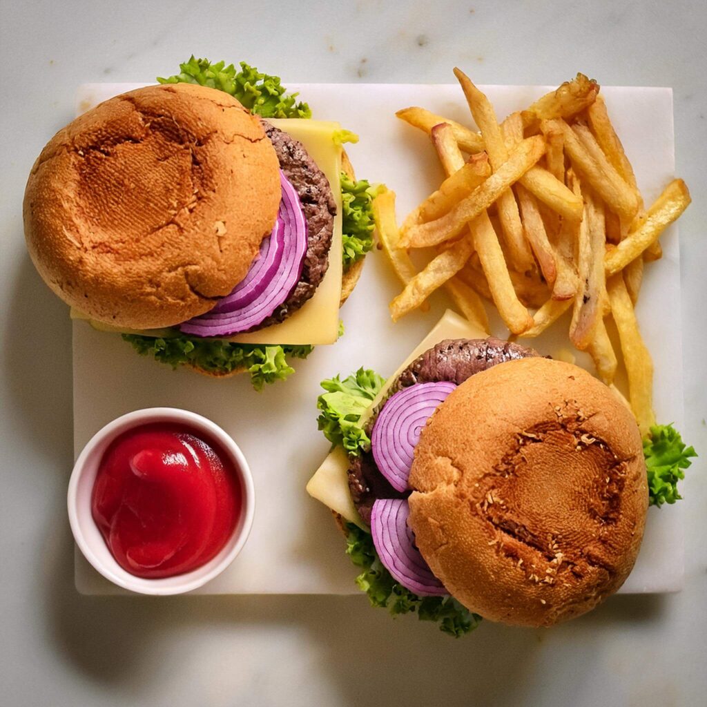 Assembling minced meat sandwich with fresh veggies and fries.