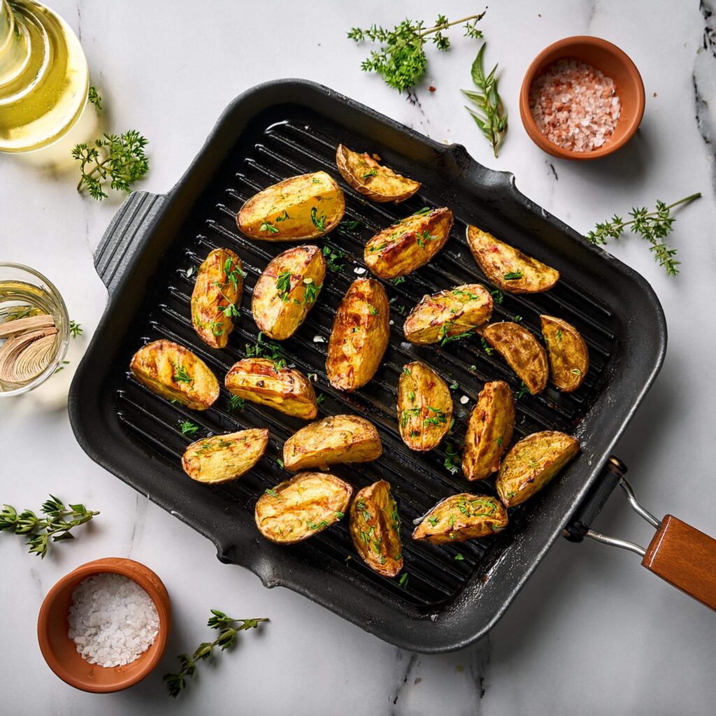 Herb-seasoned potato wedges grilling with char marks and herbs sizzling.