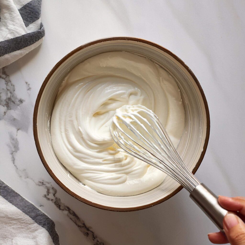 Mixing sponge cake batter for a strawberry Swiss roll in a bowl with a wooden spoon 2