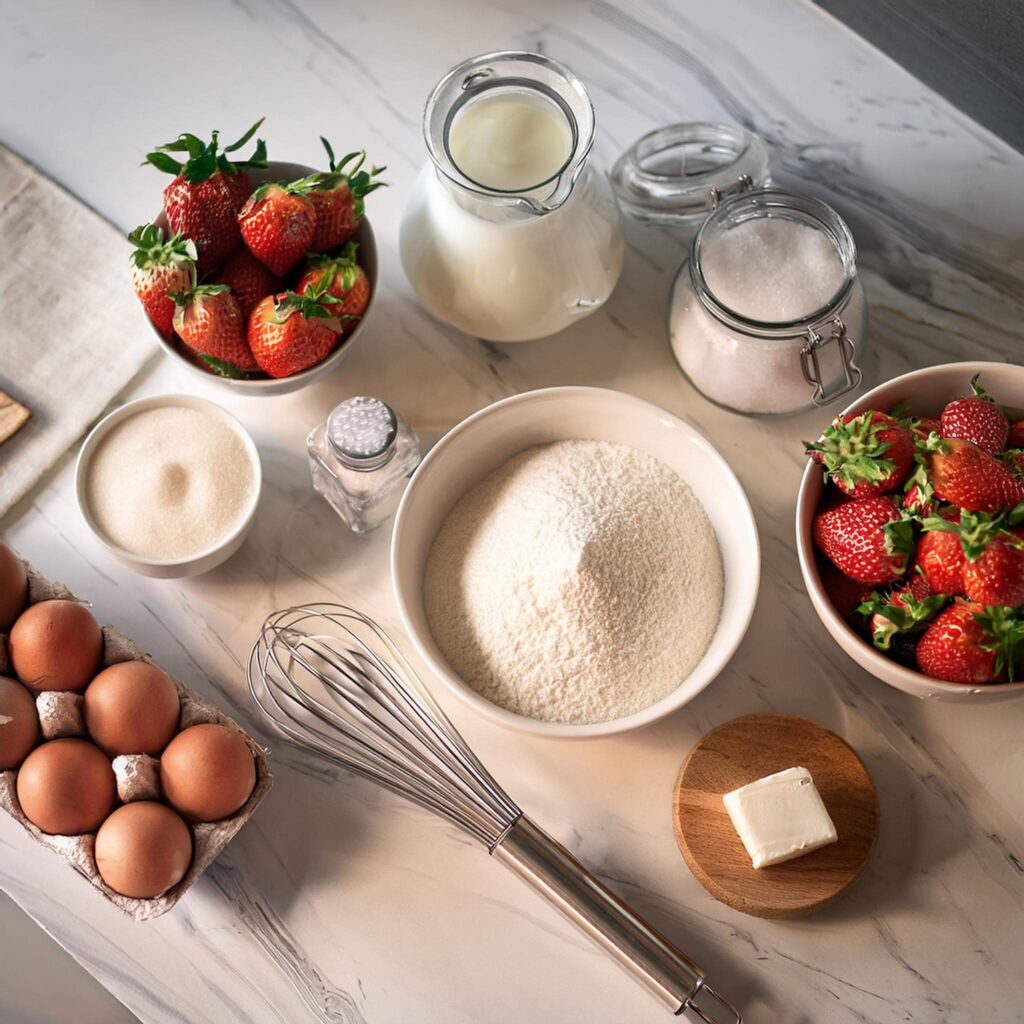 Ingredients for a Soft Strawberry Swiss Roll on a marble surface, including strawberries, eggs, sugar, flour, and cream.