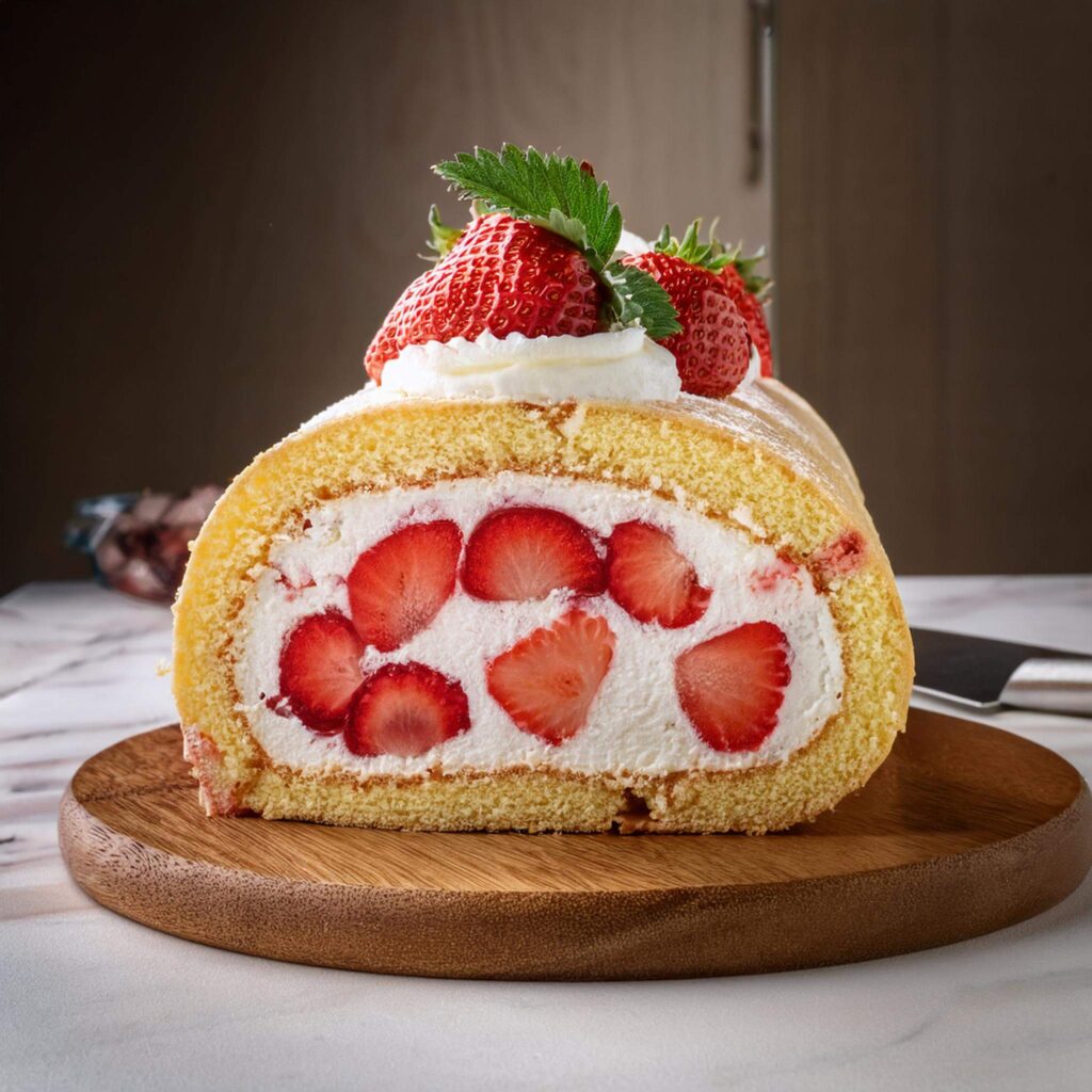 Sponge cake rolled with whipped cream and strawberries to form a Swiss roll.