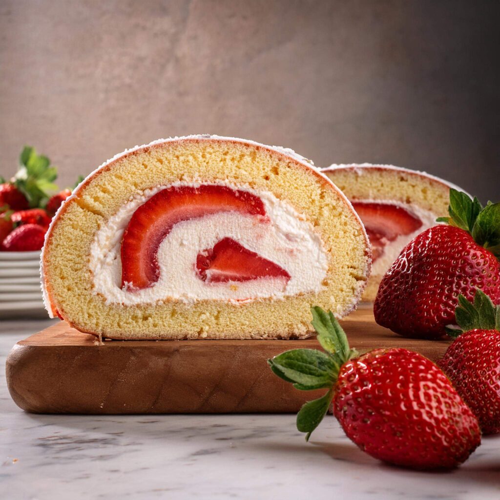 Sponge cake rolled with whipped cream and strawberries to form a Swiss roll.