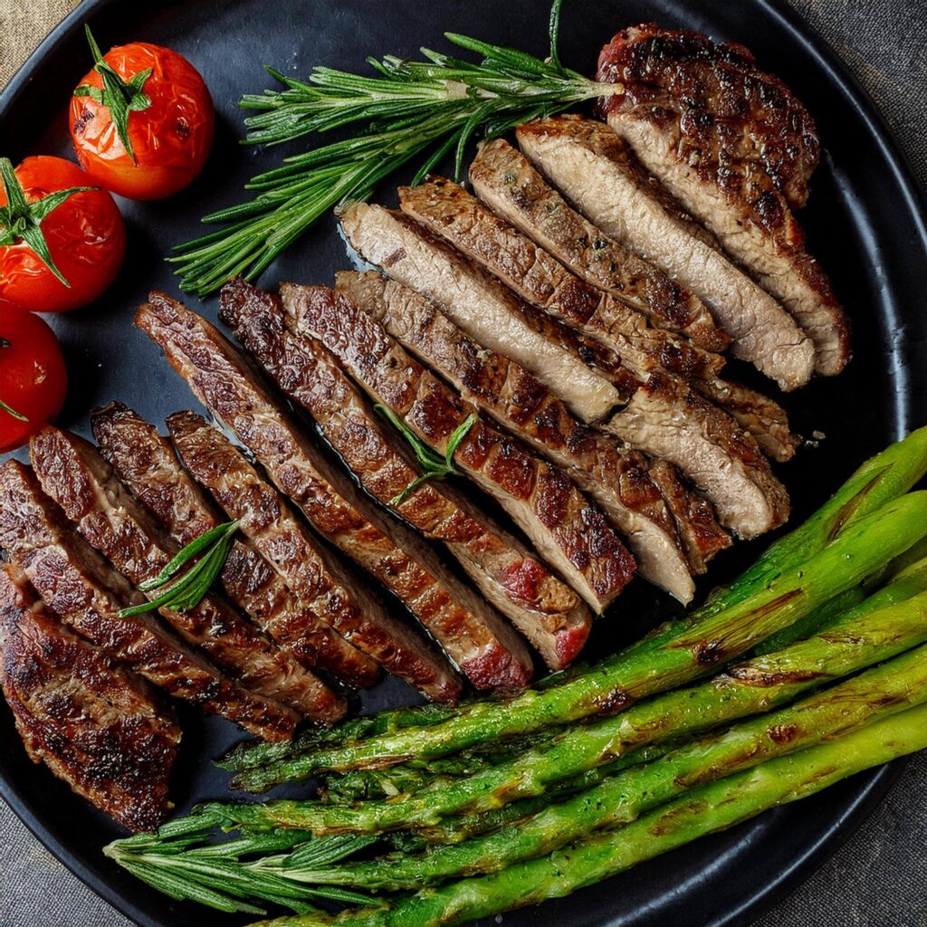 Sliced grilled steak served with asparagus, rosemary, and roasted cherry tomatoes.