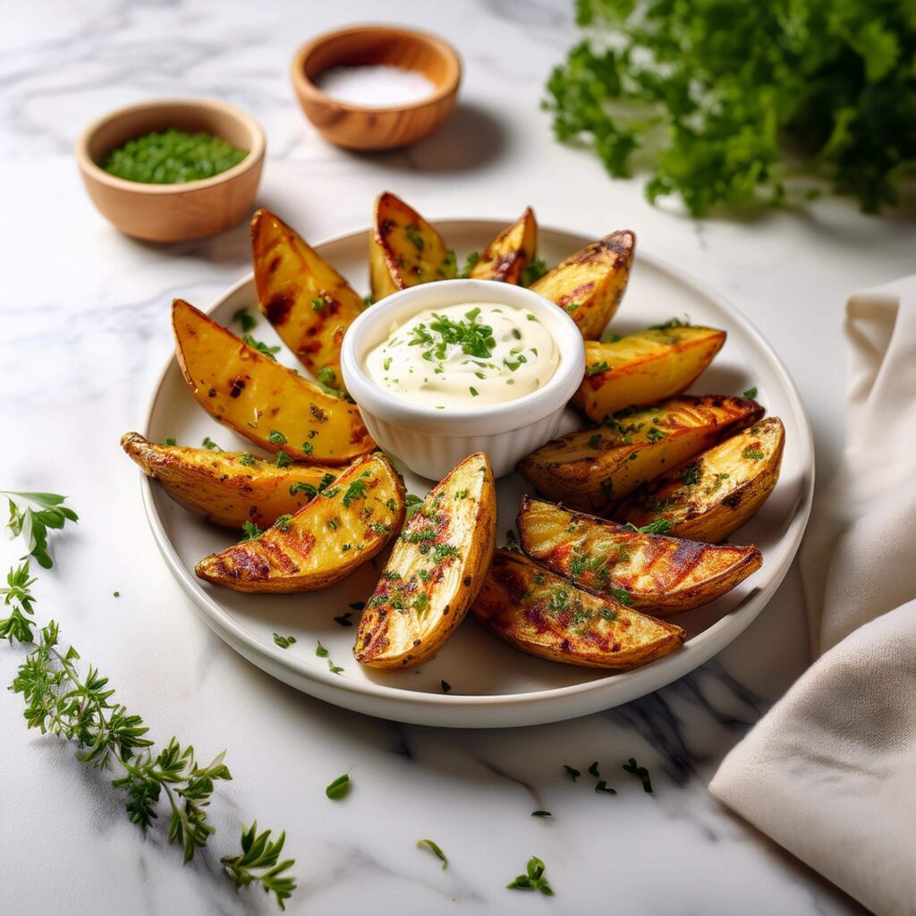 Grilled herb potato wedges with creamy dipping sauce and fresh herb garnish.