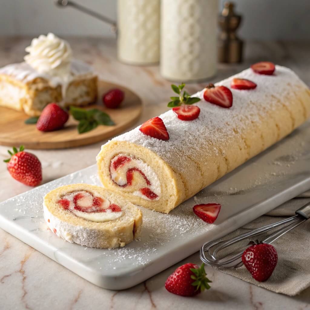 A Swiss roll cake filled with cream and fresh strawberries, dusted with powdered sugar, on a marble board.