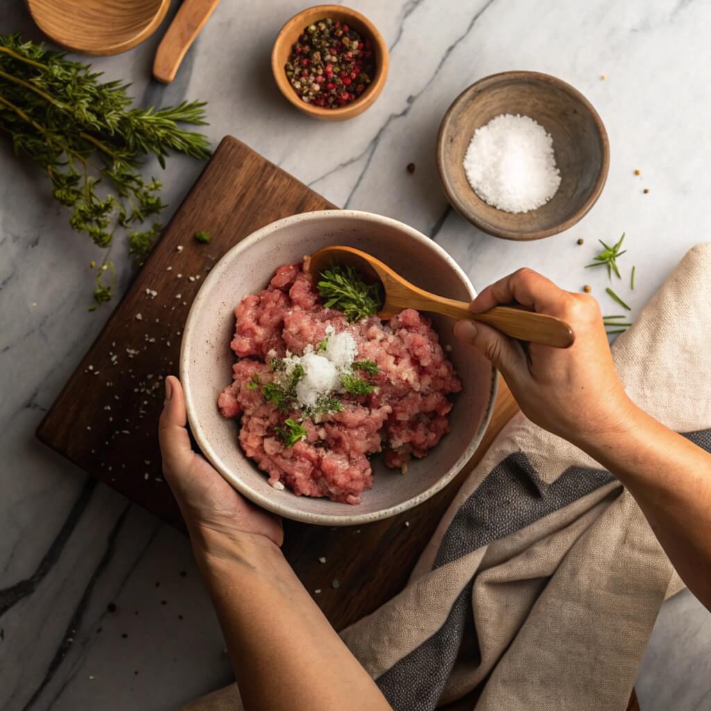 Hands seasoning minced meat with herbs and spices on marble countertop.