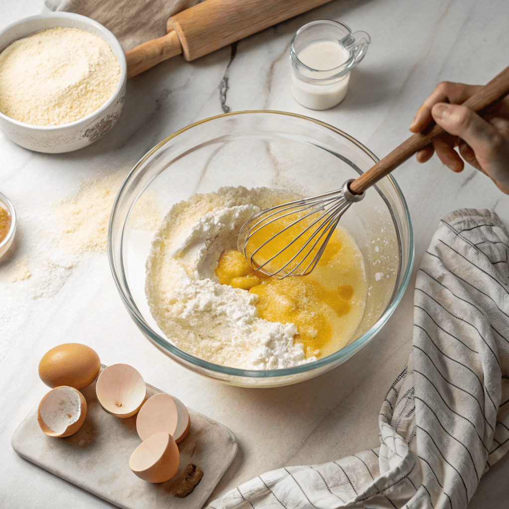 Mixing sponge cake batter for a strawberry Swiss roll in a bowl with a wooden spoon.