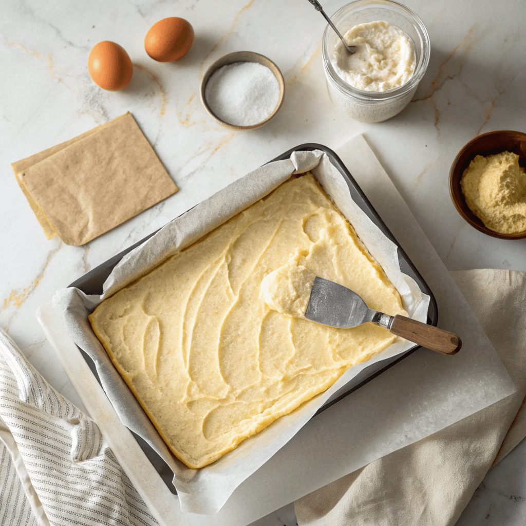 Sponge cake batter spread evenly on a baking sheet lined with parchment paper.