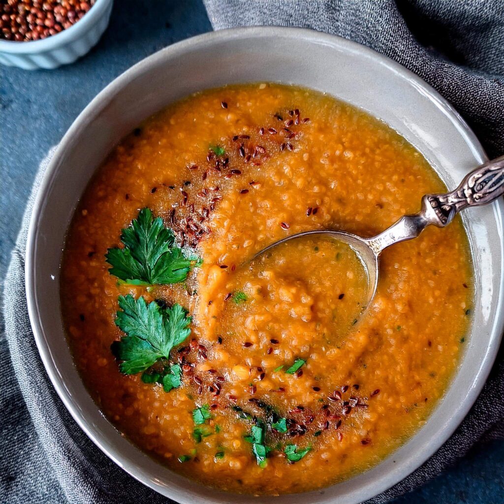 Bowl of red lentil soup garnished with parsley and seeds.