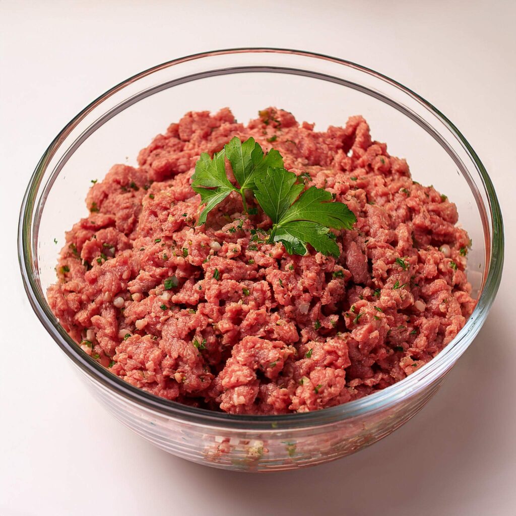 Ground lamb with parsley in a clear glass bowl.