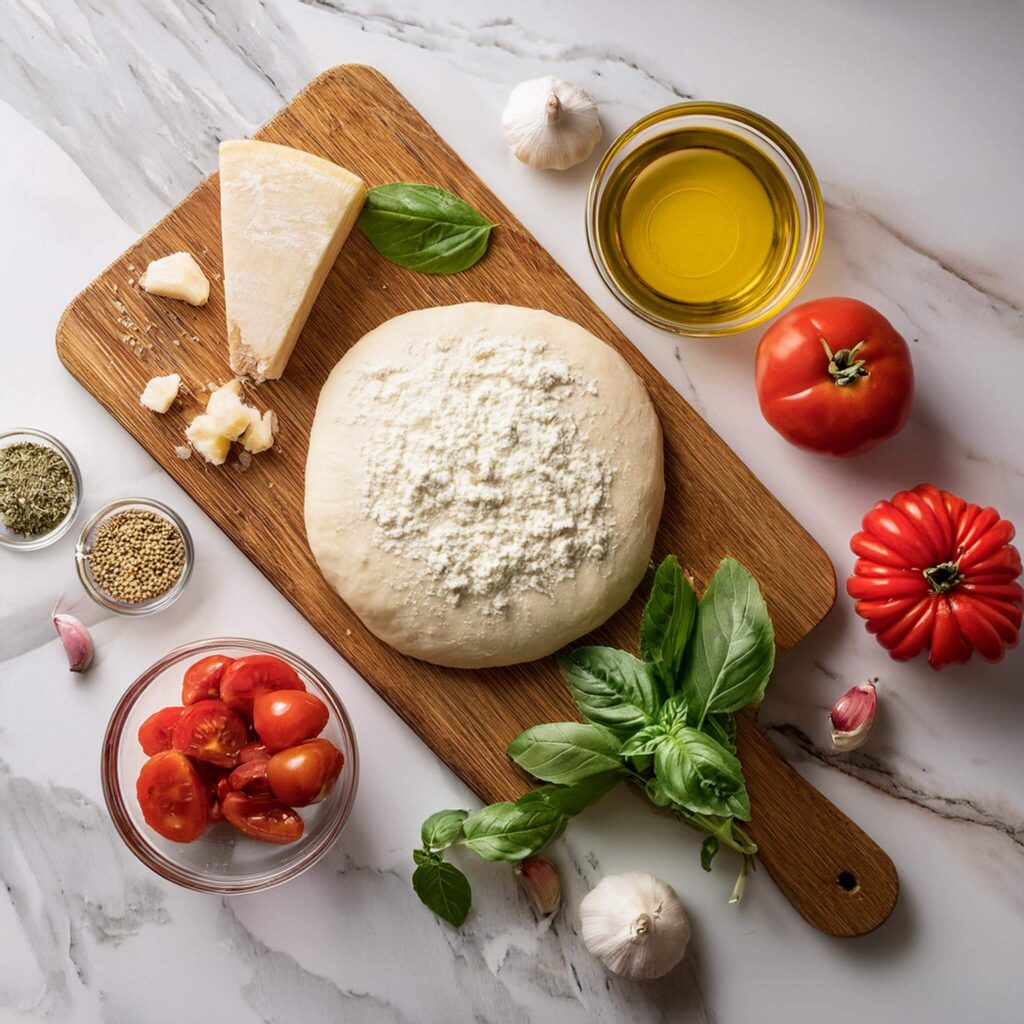 A flat lay of pizza dough, cheese, tomatoes, basil, and garlic on a wooden board and marble surface.