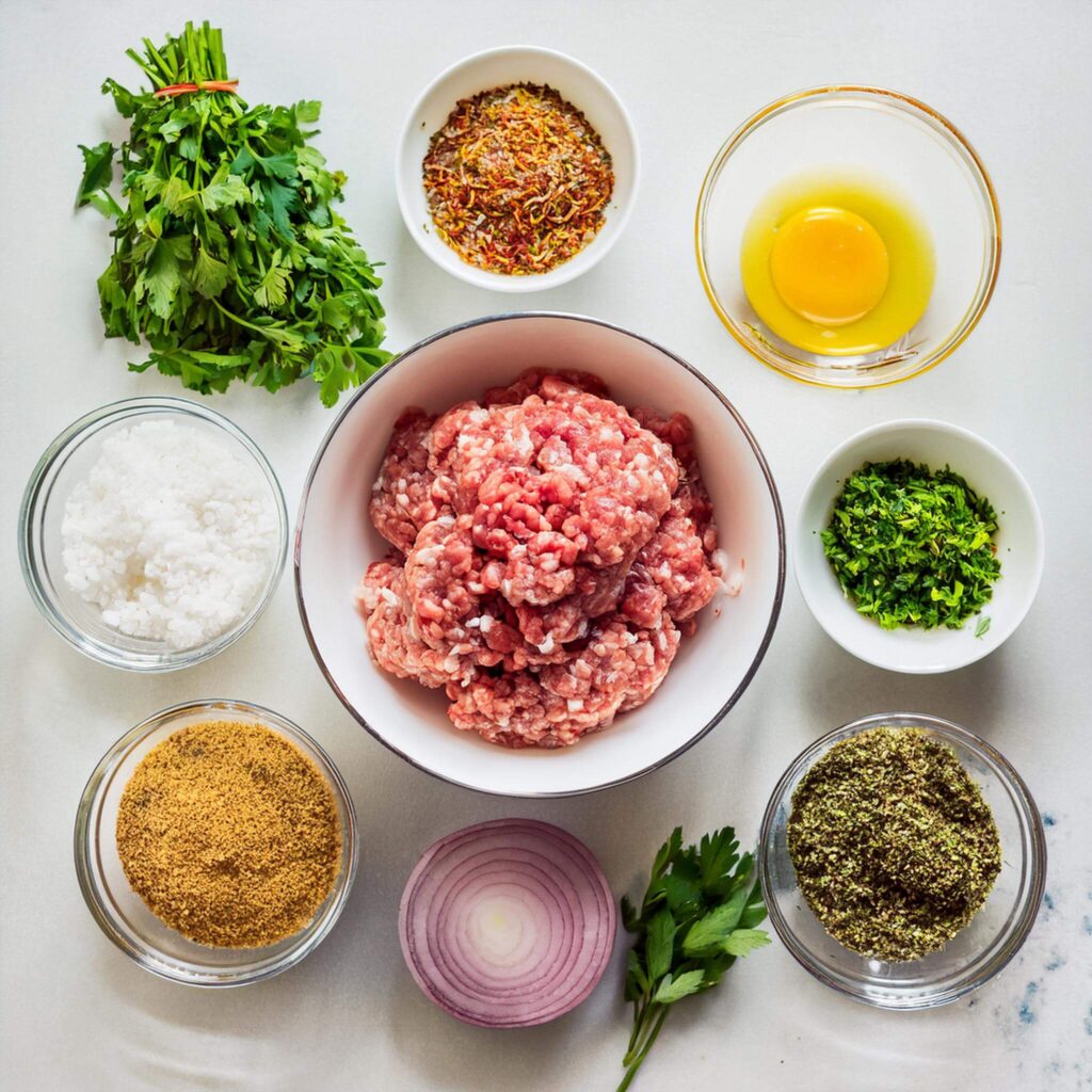 Flat lay of ingredients for lamb kofta, including herbs, spices, and egg.