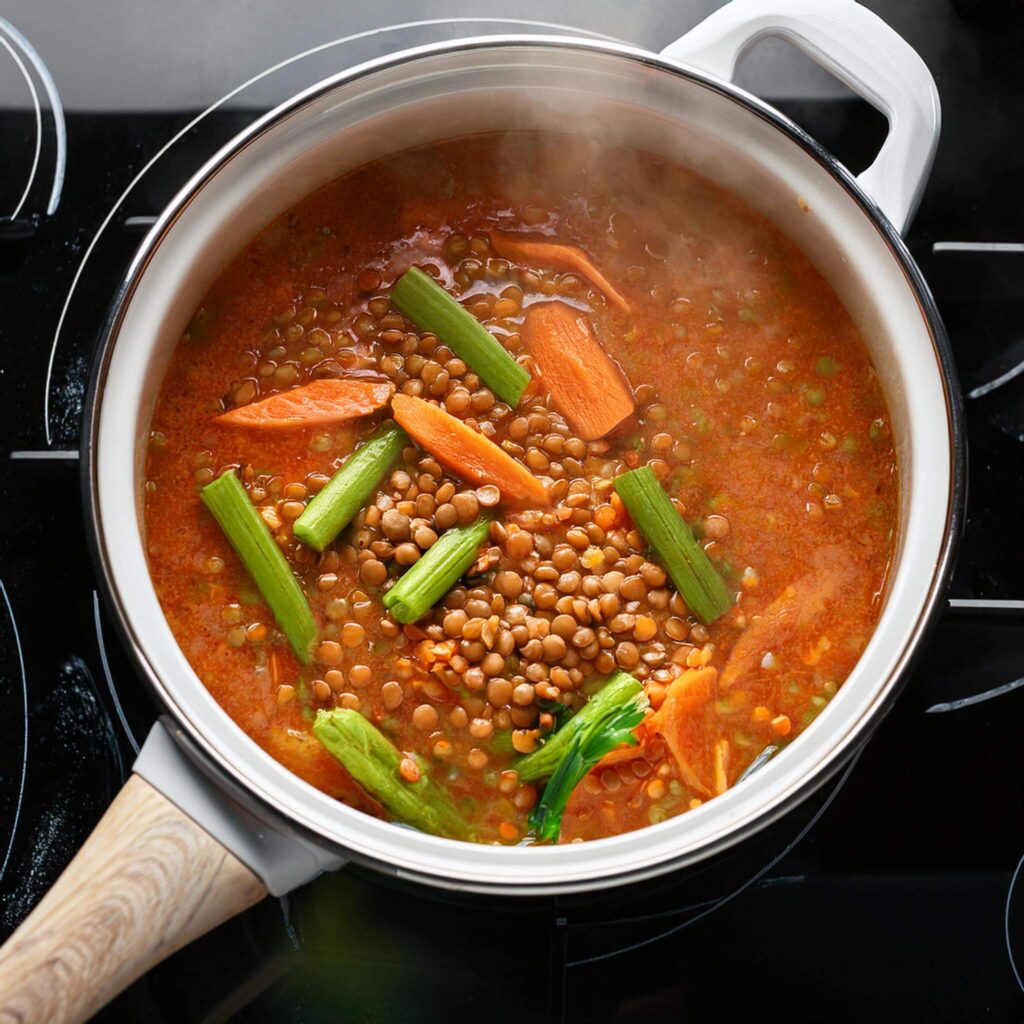 Pot of simmering lentil soup with carrots and celery.