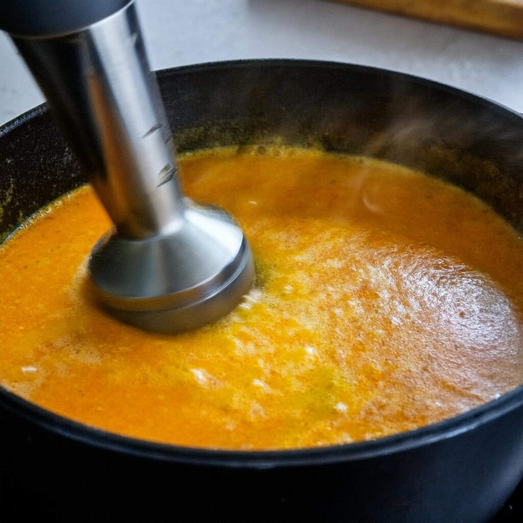 Immersion blender blending orange soup in a pot.