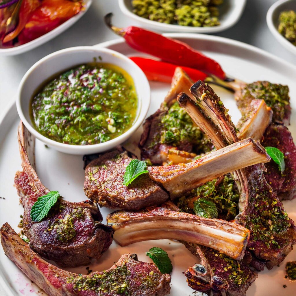 Golden-brown lamb chops with mint and chili on a white plate.