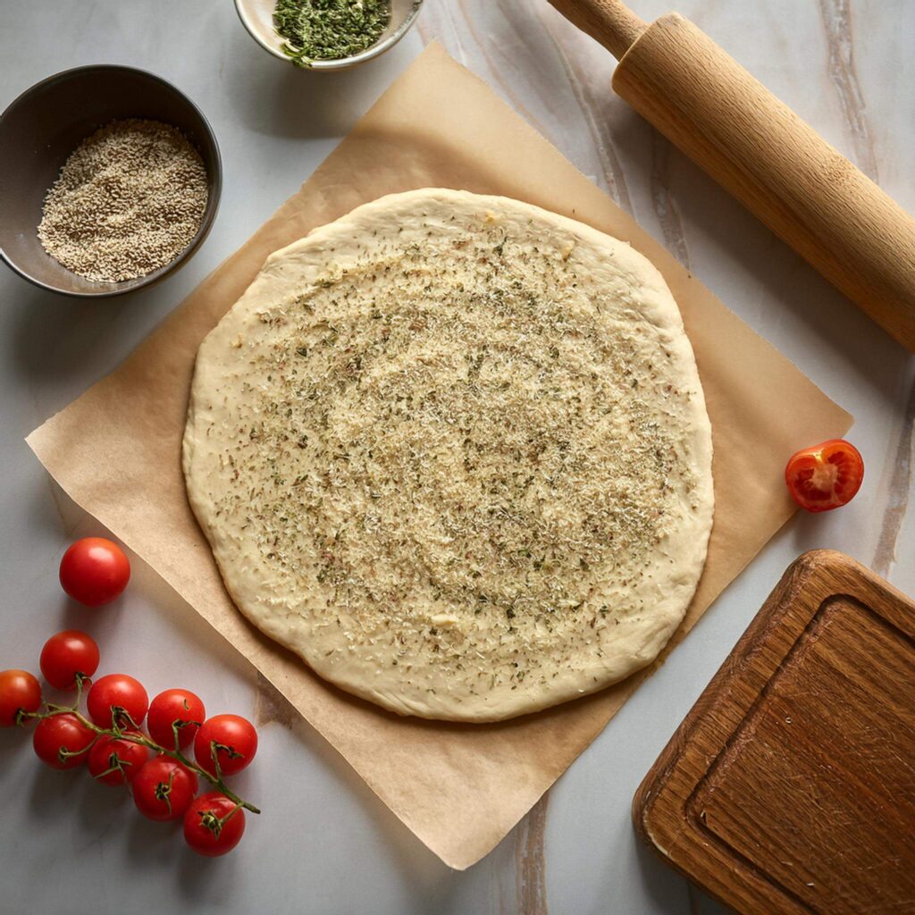 Plain pizza dough topped with oregano and sesame seeds on parchment paper, surrounded by pizza ingredients.