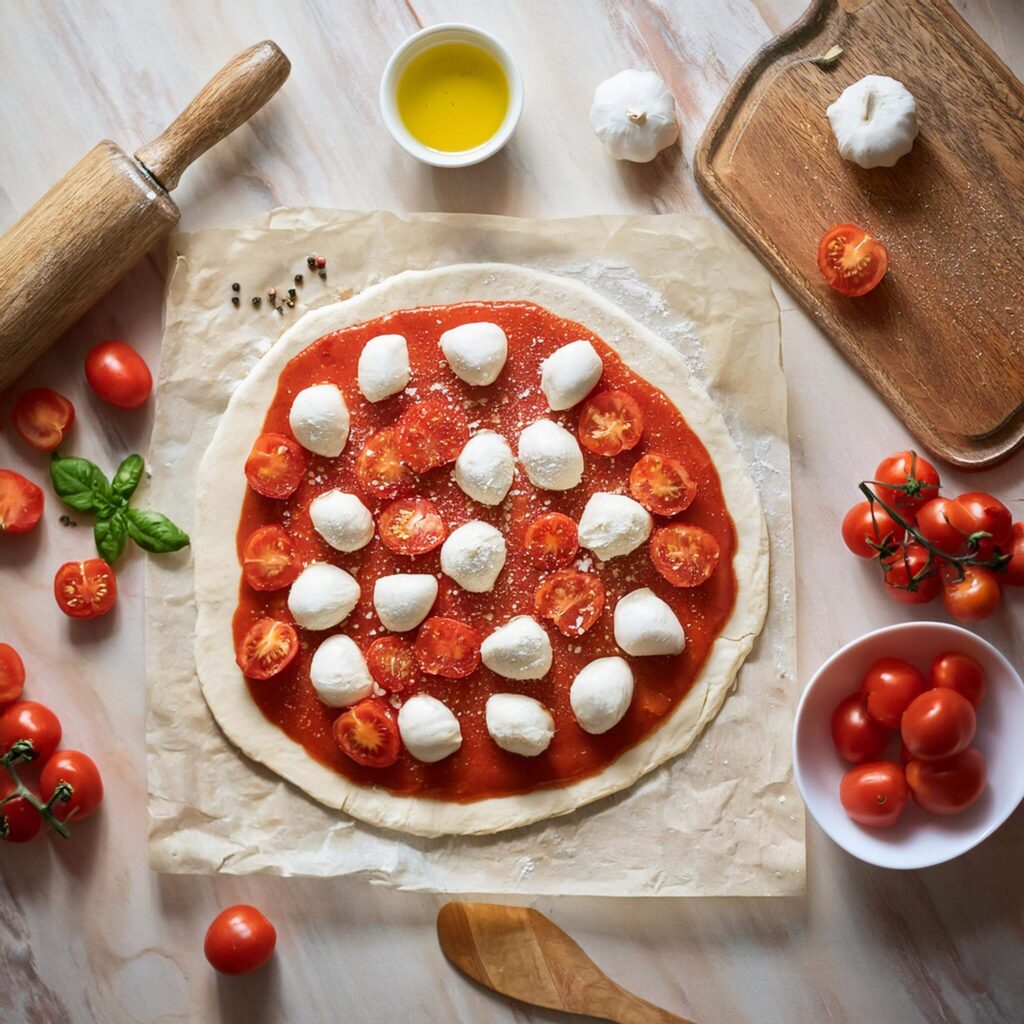 Raw pizza dough topped with tomato sauce, cherry tomatoes, and mozzarella balls, ready to bake.