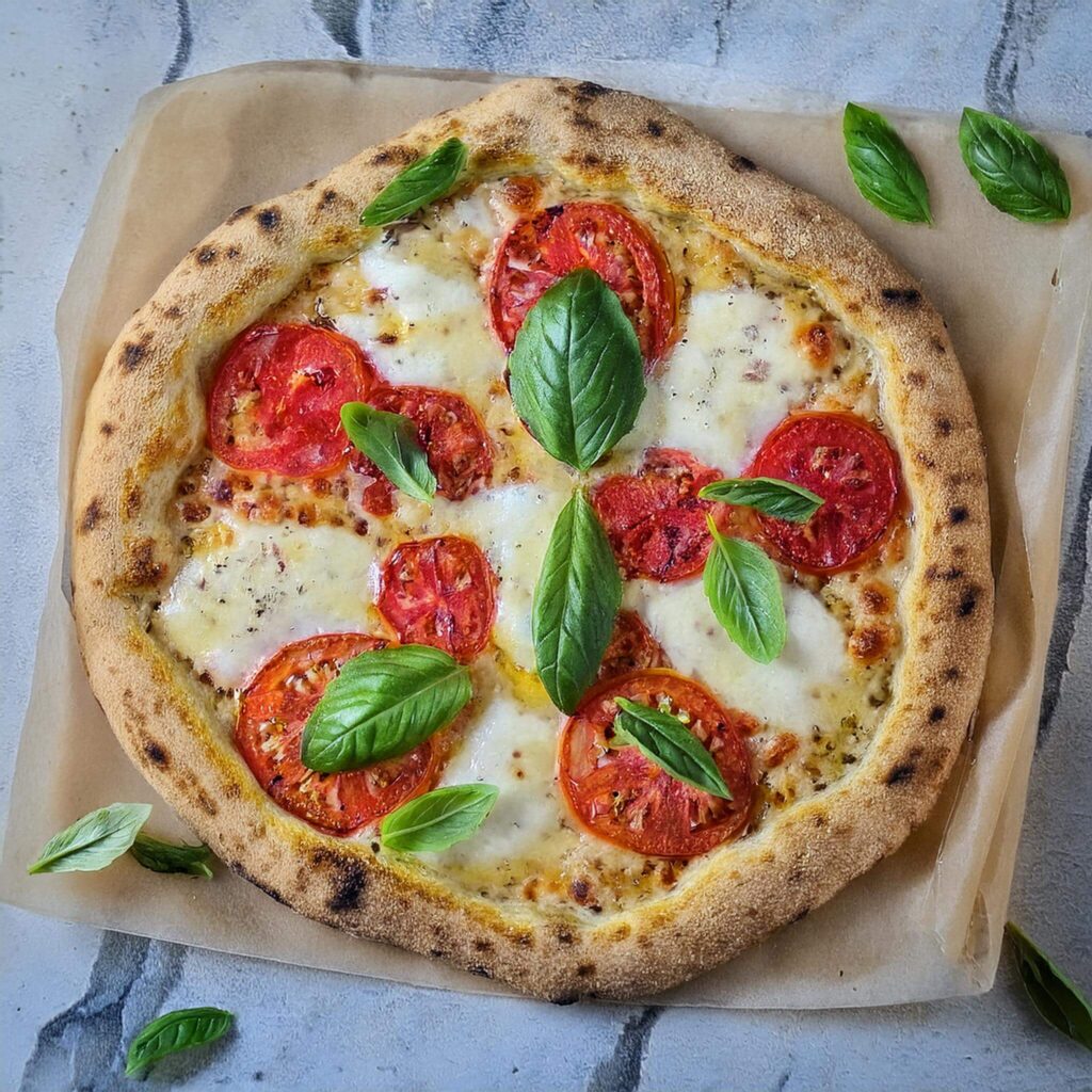 A baked Margherita pizza with melted cheese, fresh tomatoes, and basil leaves on parchment paper.