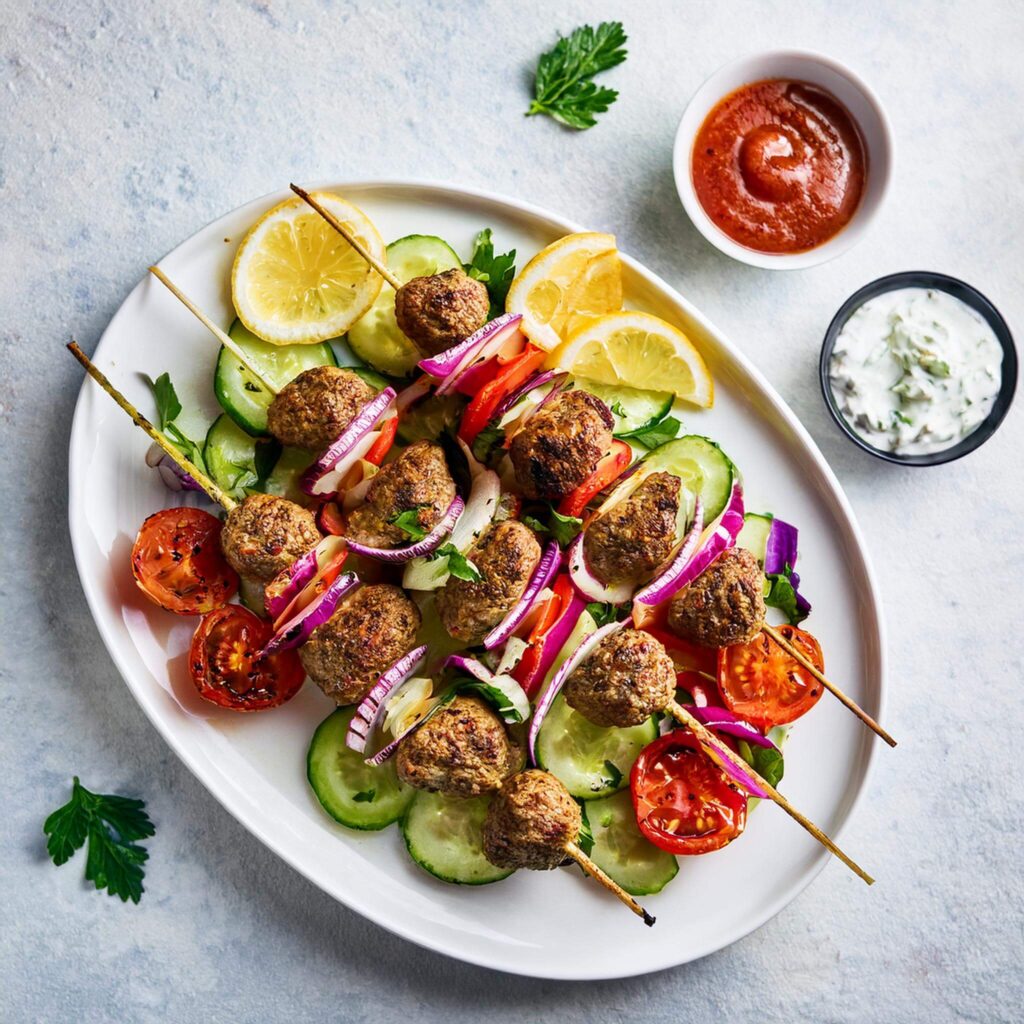 Grilled lamb kofta skewers on a plate with fresh salad and lemon.