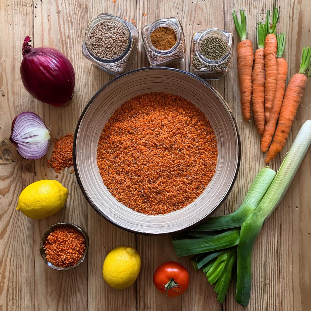 Bowl of red lentils surrounded by carrots, leeks, onions, lemons, and jars of spices on a wooden surface.