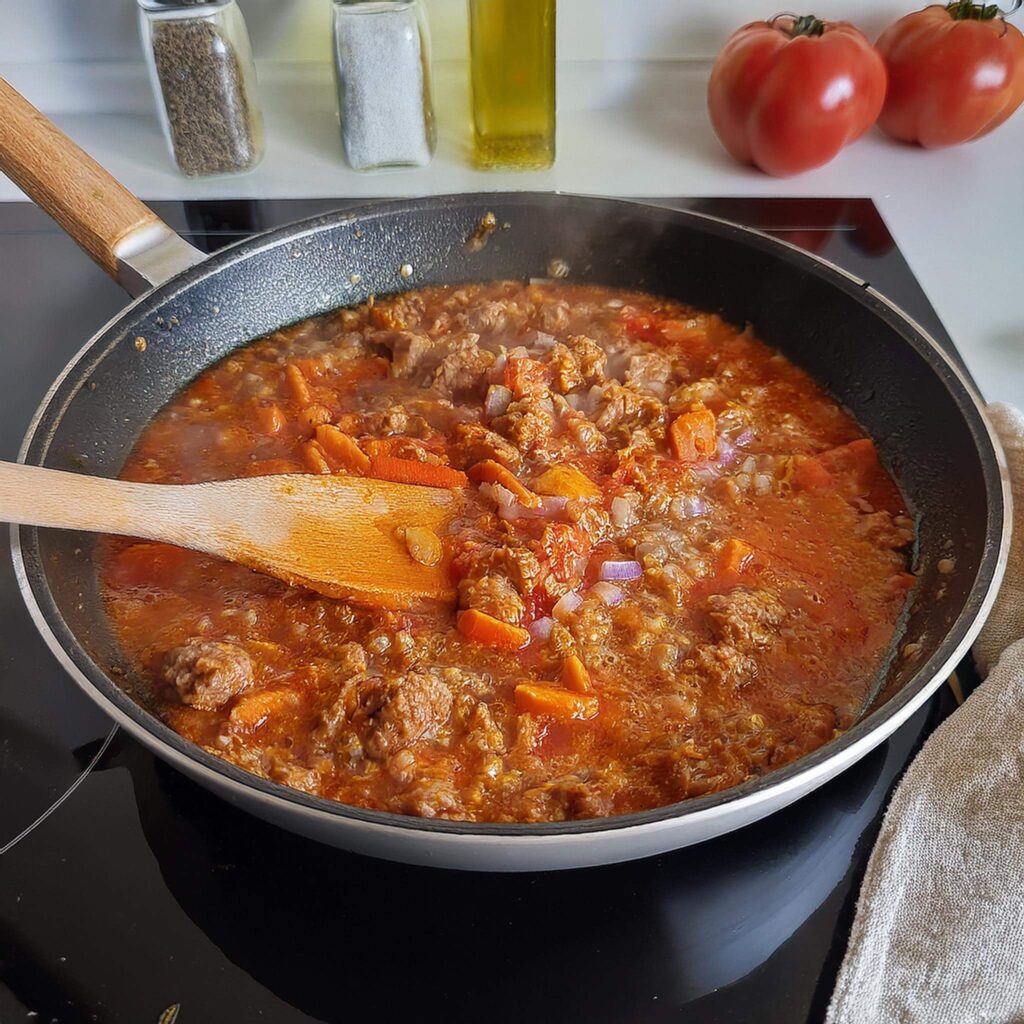 Skillet of Bolognese sauce cooking with vegetables.