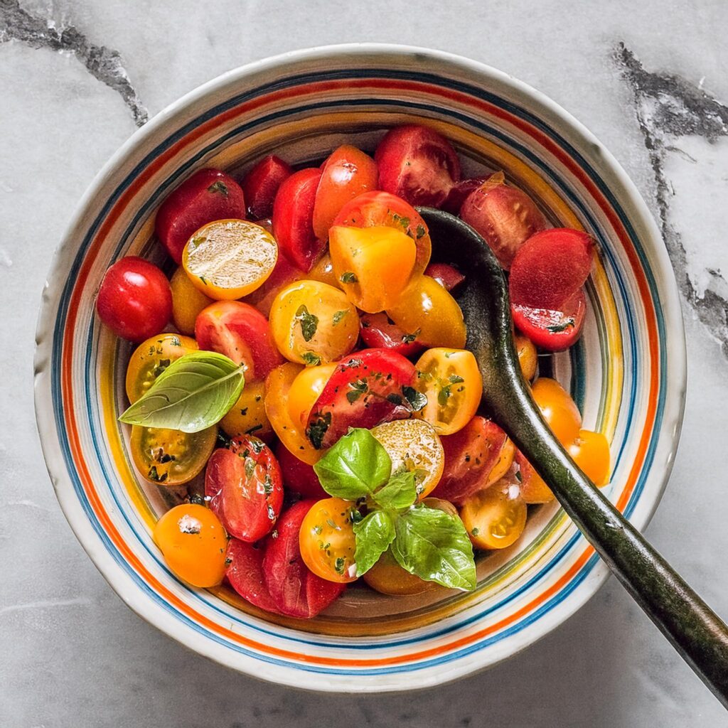 Bowl of colorful cherry tomatoes mixed with fresh basil.