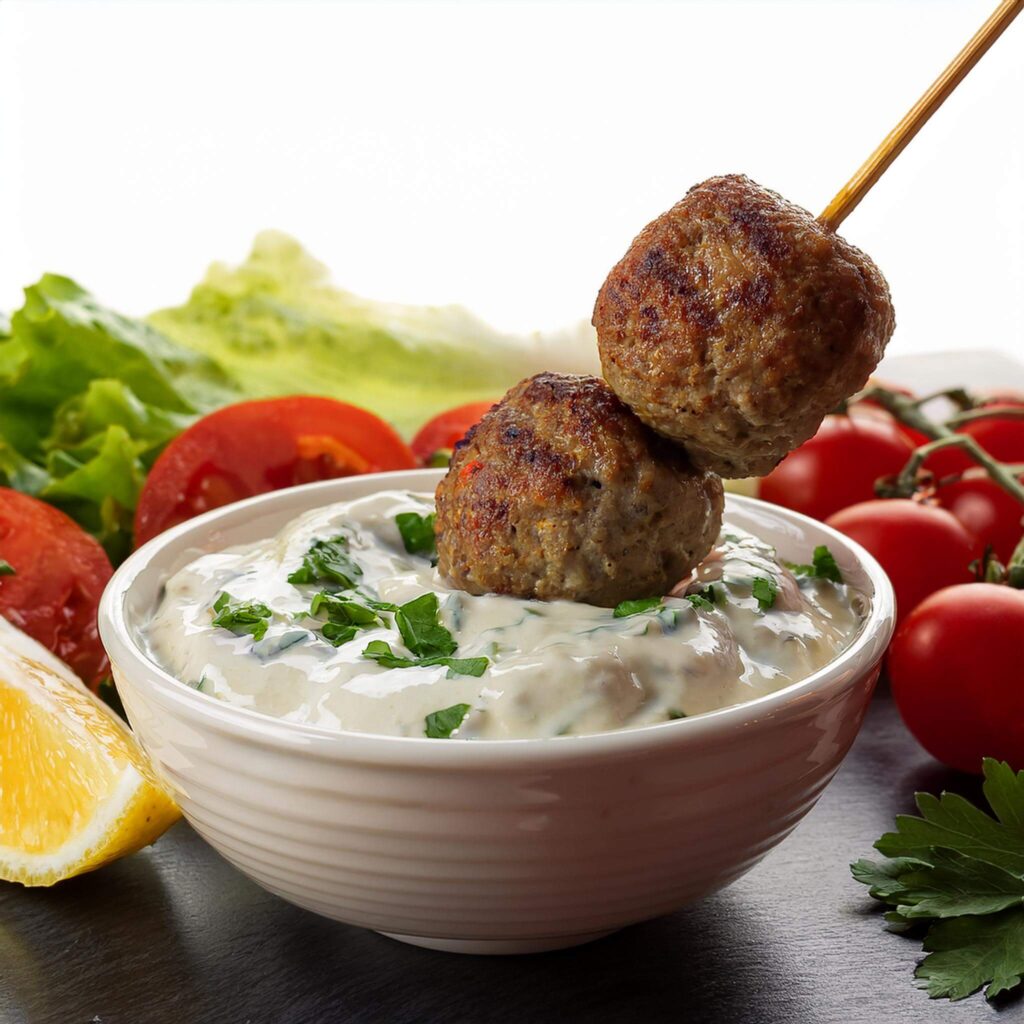 Close-up of a lamb kofta skewer dipped in creamy tzatziki sauce.