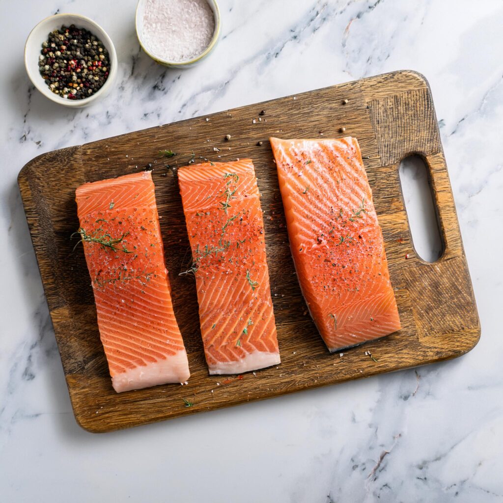 Seasoned salmon fillets on a wooden board, skin-side visible.