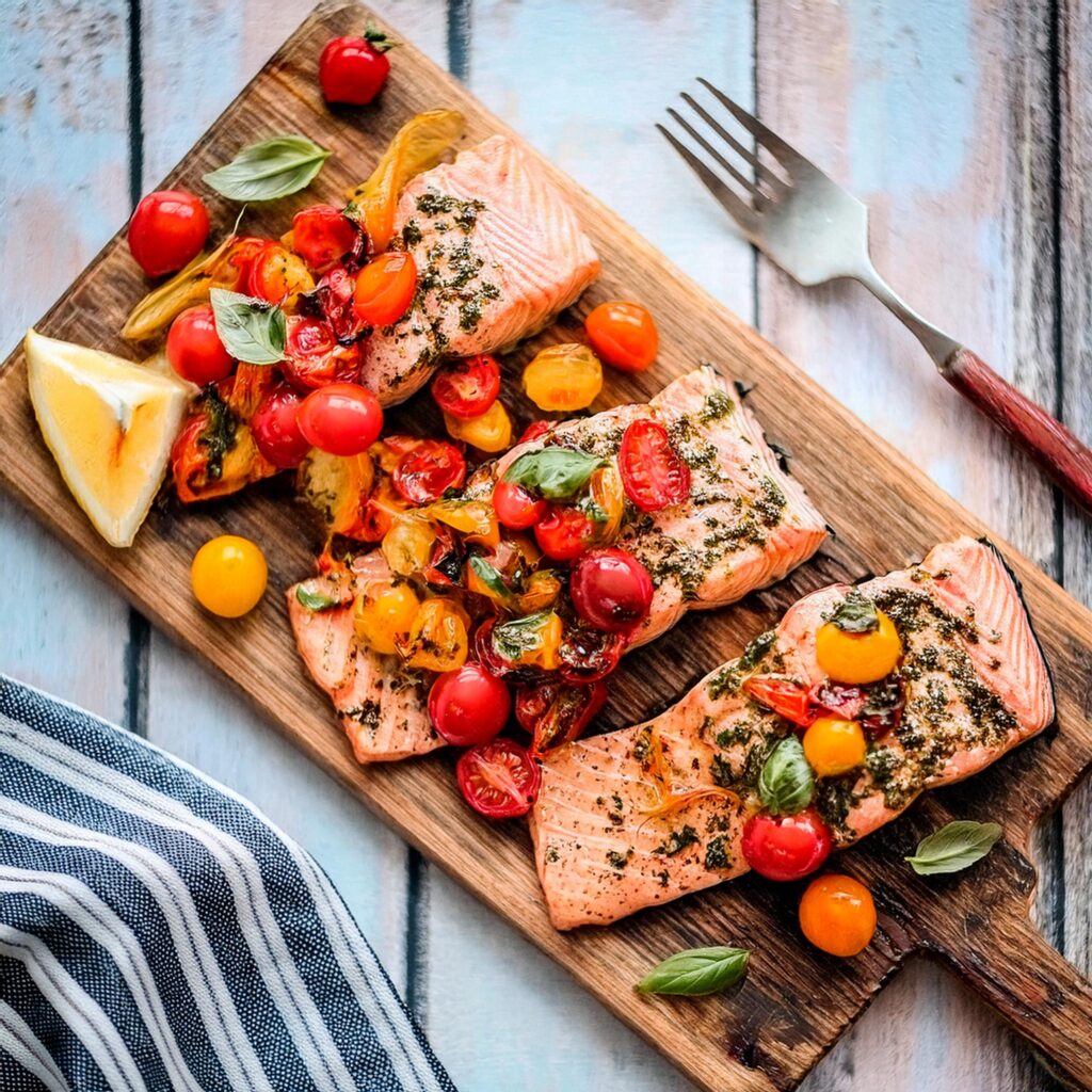 Grilled salmon topped with vibrant cherry tomato bruschetta on a wooden platter.