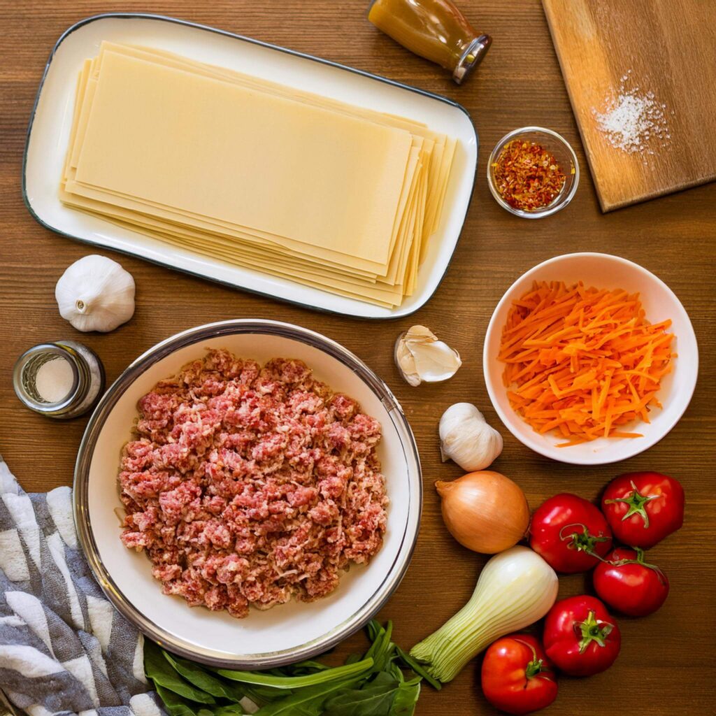 Flat lay of ingredients for making lasagna.
