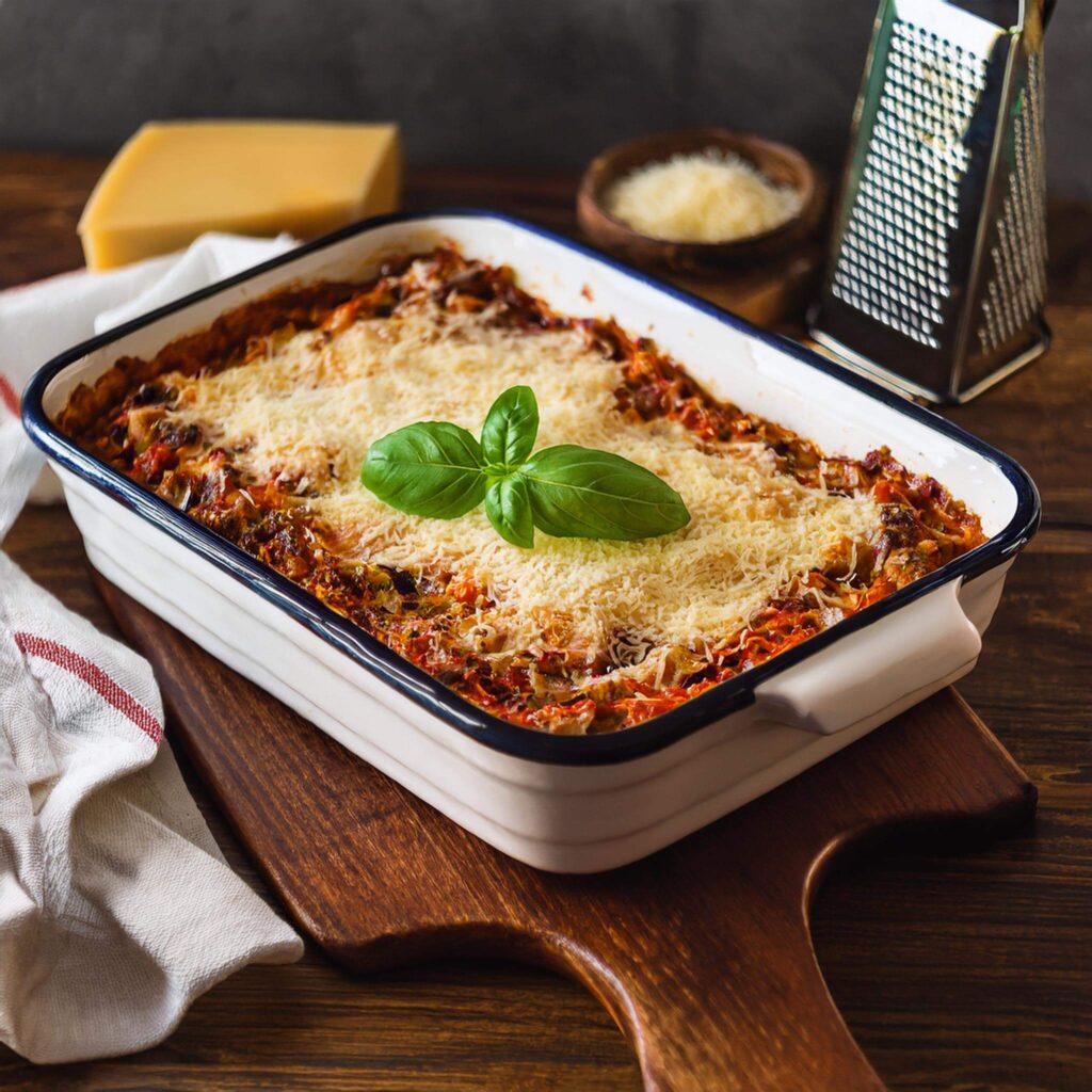 Baked lasagna topped with fresh basil in a casserole dish.