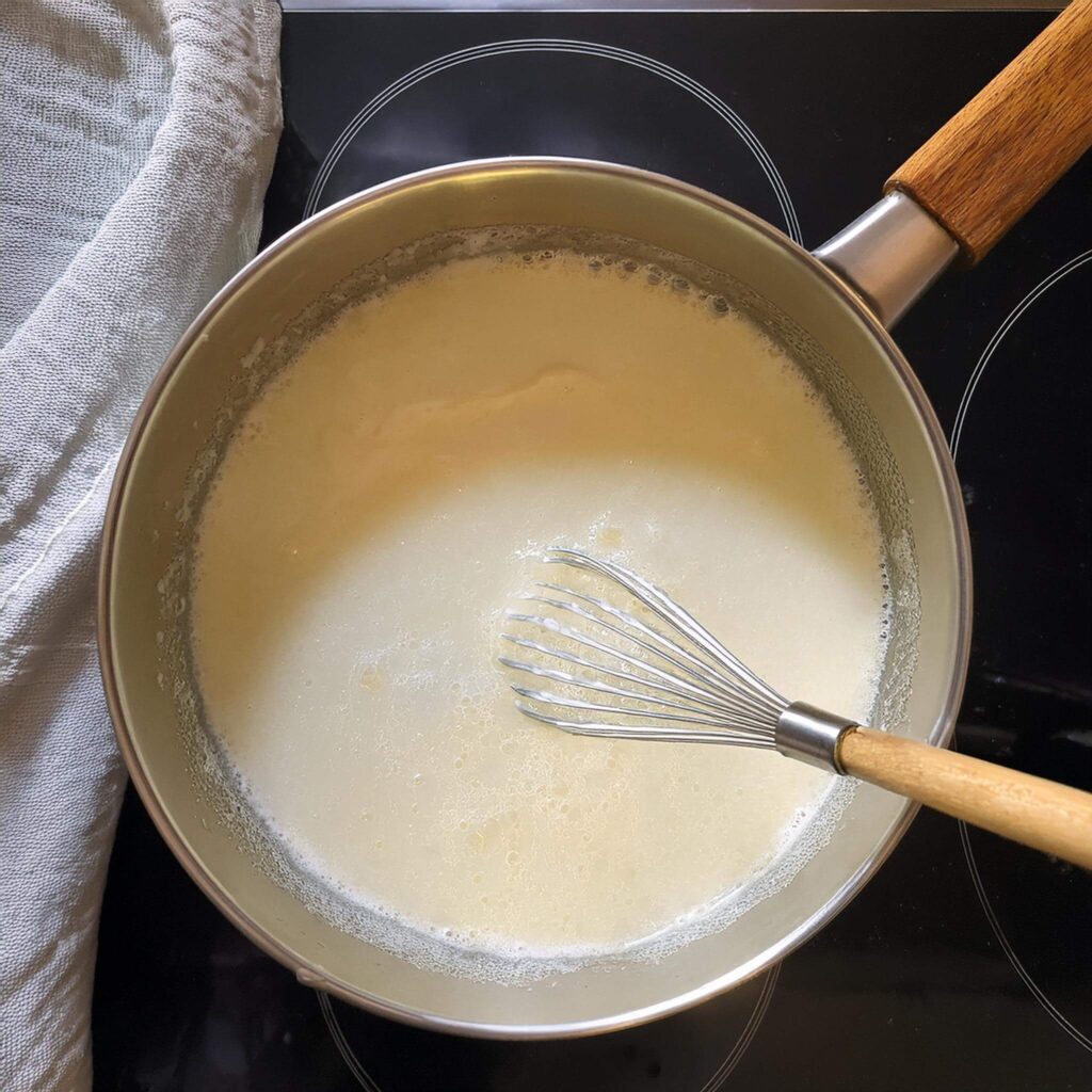 Saucepan with béchamel sauce and a whisk on a stovetop.