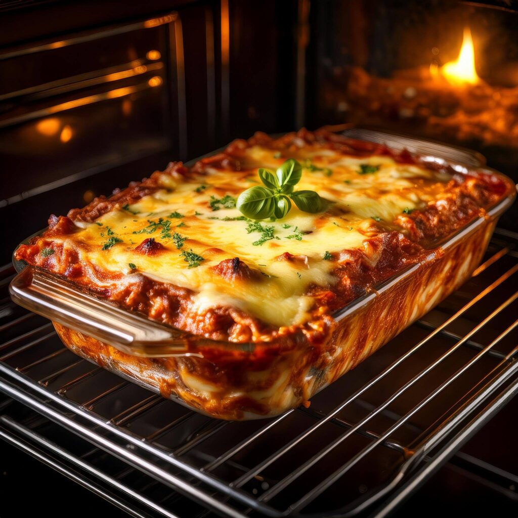 Oven-baked lasagna with bubbling cheese and basil garnish.