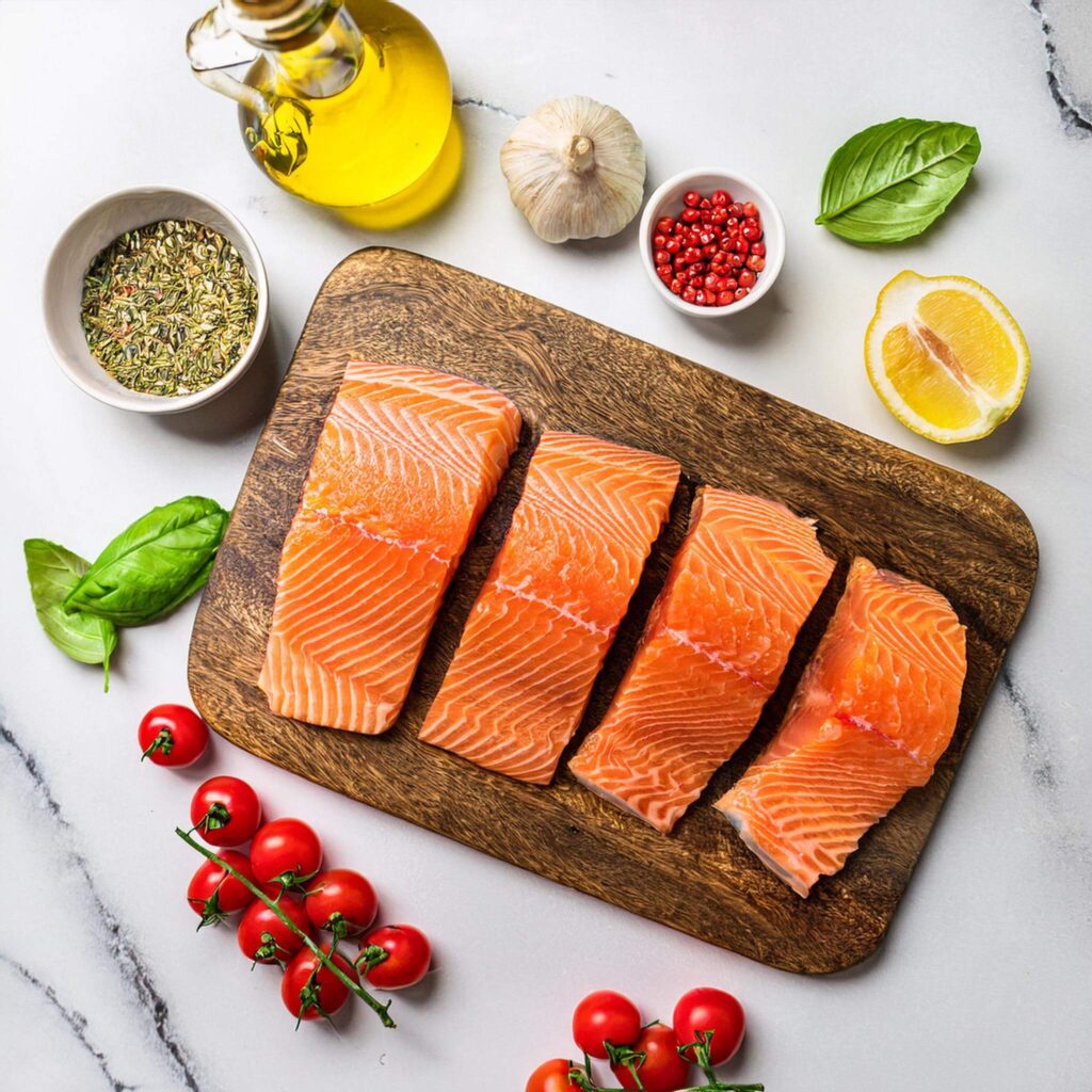 Fresh salmon fillets on a wooden board with herbs and spices.