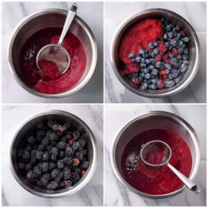 Four steps of berry sauce being prepared in a metal bowl with a strainer.