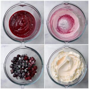 Layers: Steps showing cheesecake mixture preparation in glass bowls with berries and cream.